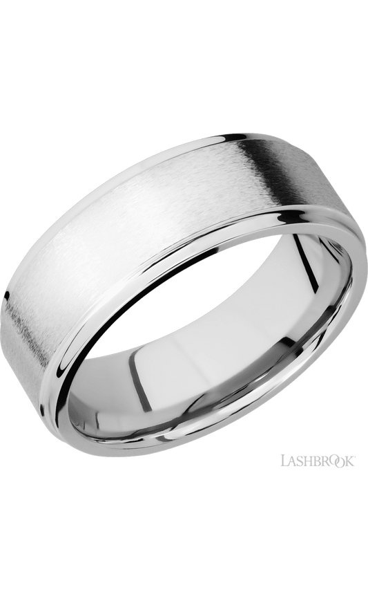 8 mm wide Flat Grooved Edges 14K White Gold band.