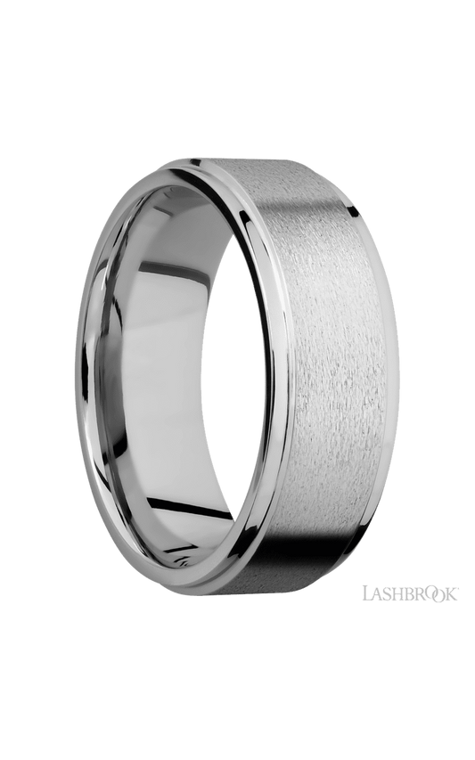 8 mm wide Flat Grooved Edges 14K White Gold band.