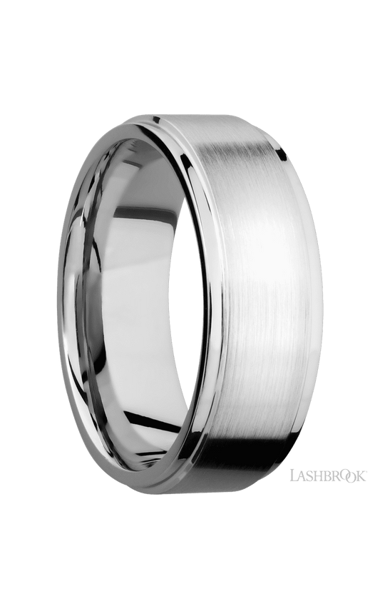 8 mm wide Flat Grooved Edges 14K White Gold band.
