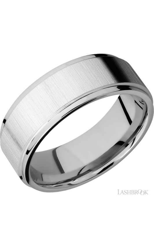 8 mm wide Flat Grooved Edges 14K White Gold band.