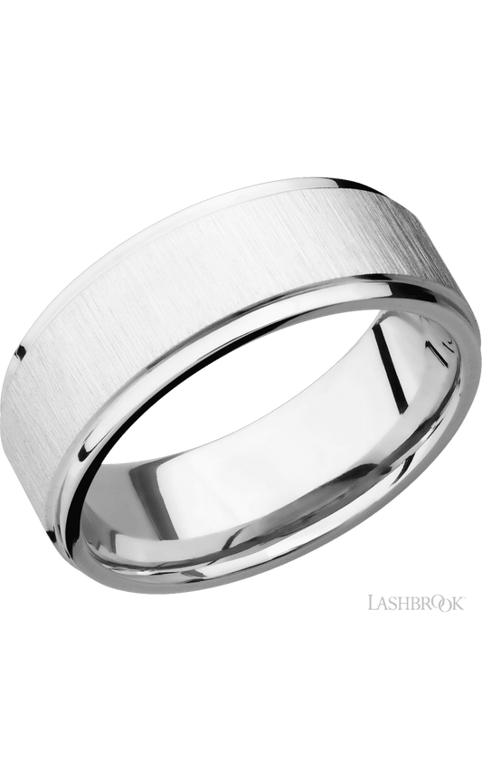 8 mm wide Flat Grooved Edges 14K White Gold band.