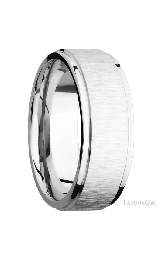 8 mm wide Flat Grooved Edges 14K White Gold band.
