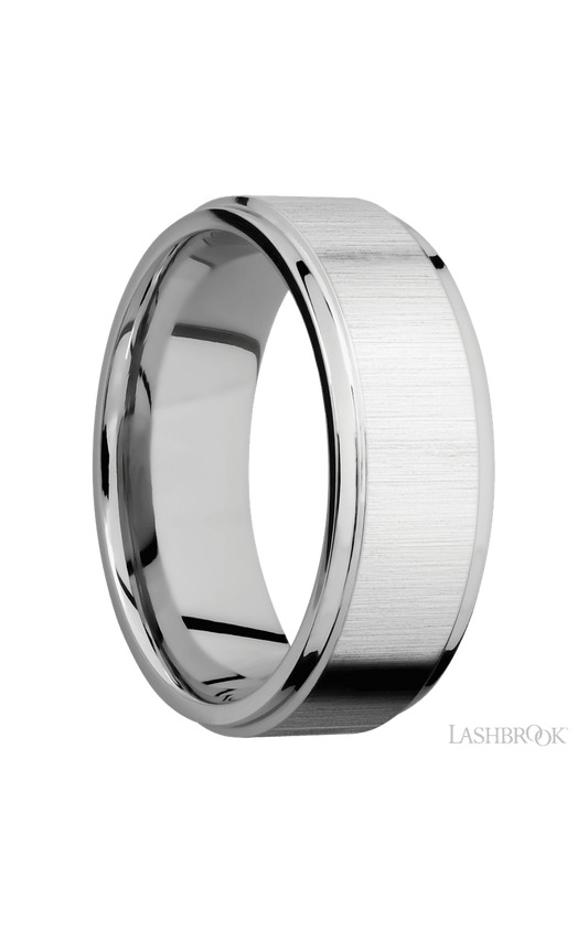 8 mm wide Flat Grooved Edges 14K White Gold band.