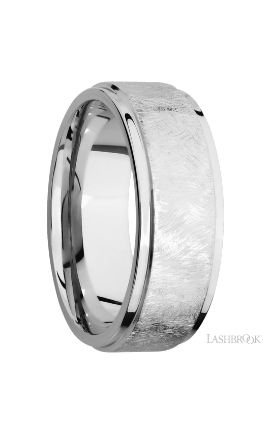 8 mm wide Flat Grooved Edges 14K White Gold band.