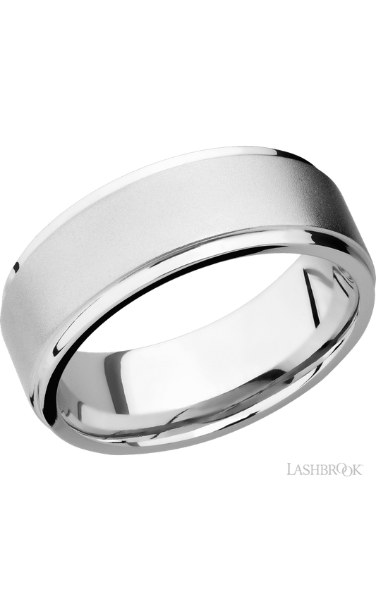 8 mm wide Flat Grooved Edges 14K White Gold band.