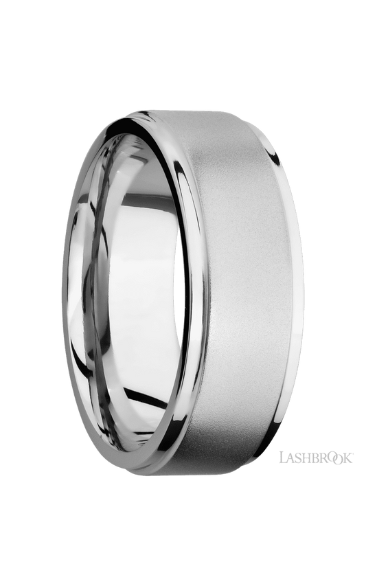 8 mm wide Flat Grooved Edges 14K White Gold band.