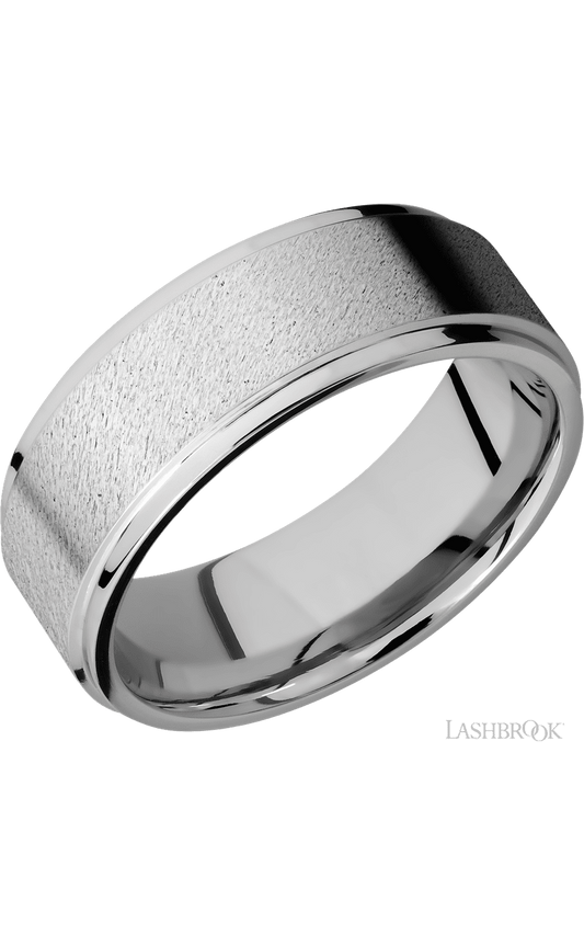 8 mm wide Flat Grooved Edges 14K White Gold band.