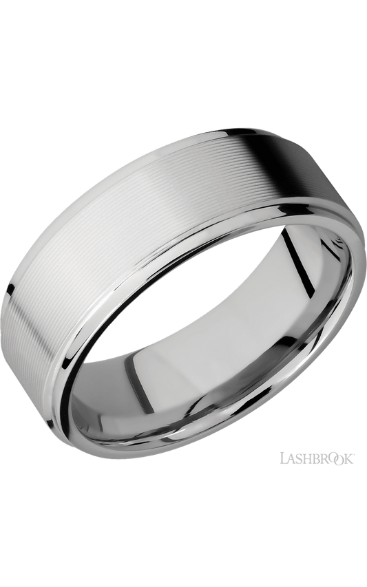 8 mm wide Flat Grooved Edges 14K White Gold band.