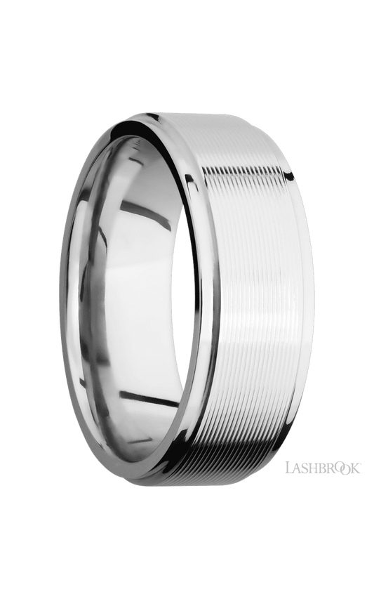 8 mm wide Flat Grooved Edges 14K White Gold band.