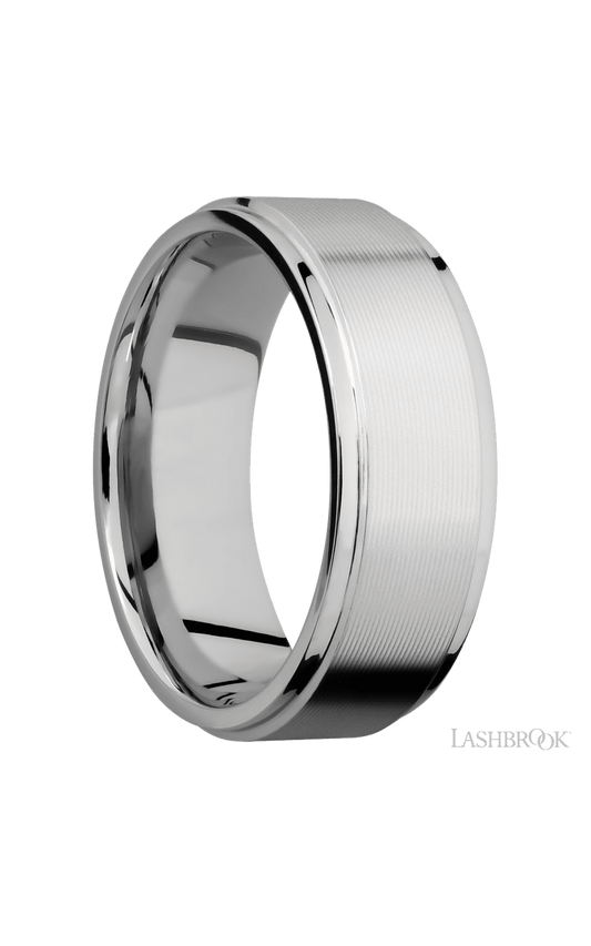 8 mm wide Flat Grooved Edges 14K White Gold band.
