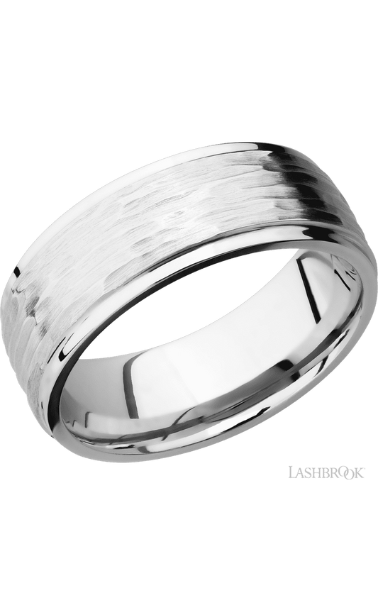 8 mm wide Flat Grooved Edges 14K White Gold band.