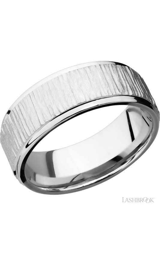 8 mm wide Flat Grooved Edges 14K White Gold band.