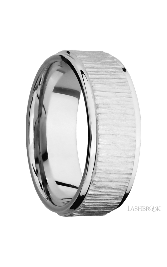 8 mm wide Flat Grooved Edges 14K White Gold band.