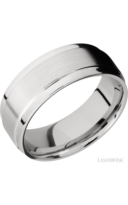 8 mm wide Flat Wide Grooved Edges 14K White Gold band.