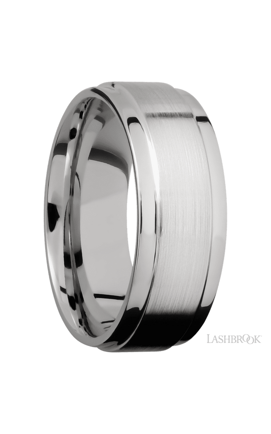 8 mm wide Flat Wide Grooved Edges 14K White Gold band.