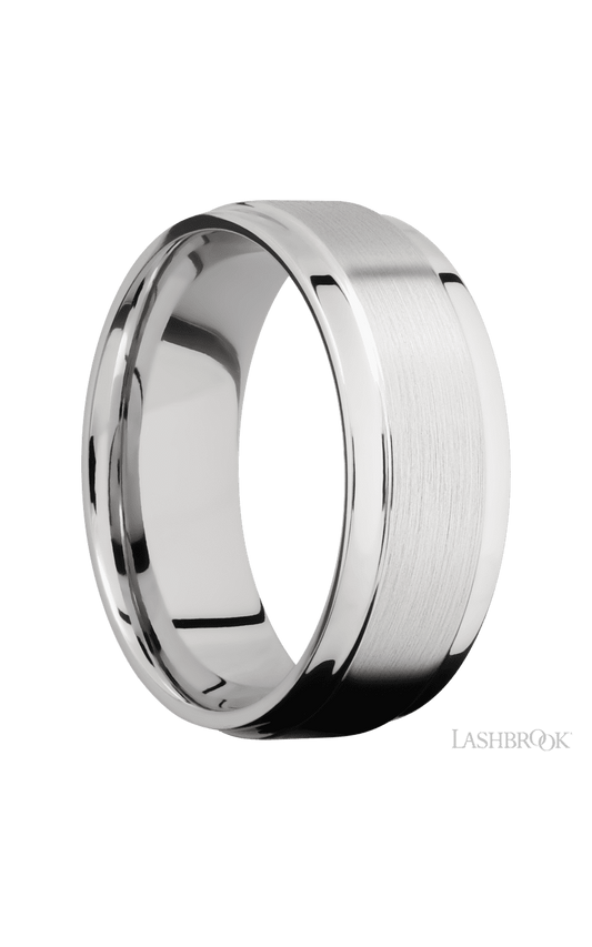 8 mm wide Flat Wide Grooved Edges 14K White Gold band.