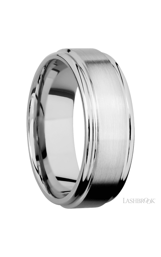 8 mm wide Flat Rounded Edges 14K White Gold band.
