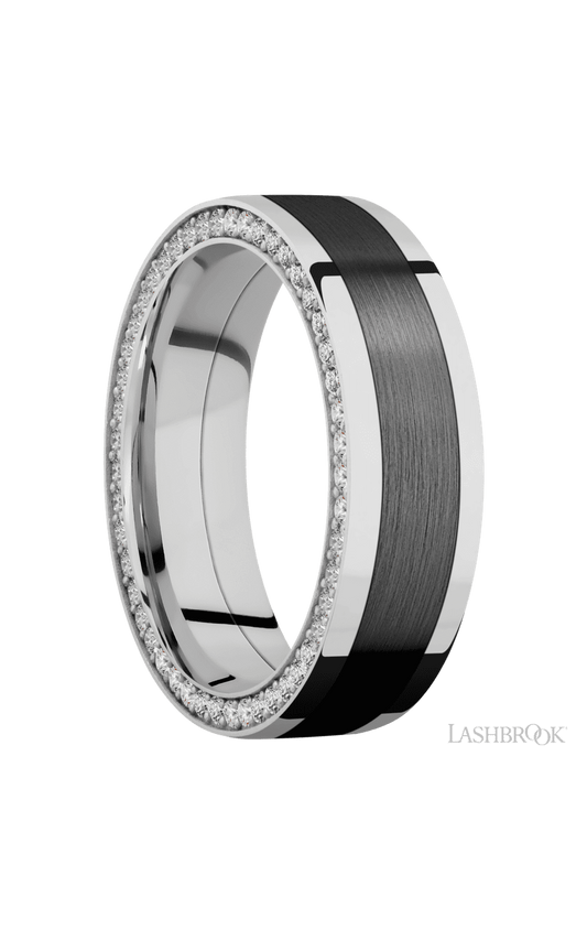 7 mm wide/Flat/14K White Gold band with  one 4 mm Centered inlay of Zirconium and featuring a Side Eternity arrangement of .01 carat Round Diamond stones in a Bead Channel setting
