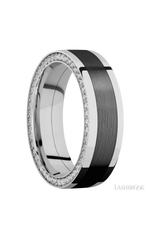 7 mm wide/Flat/14K White Gold band with  one 4 mm Centered inlay of Zirconium and featuring a Side Eternity arrangement of .01 carat Round Diamond stones in a Bead Channel setting