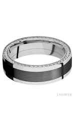 7 mm wide/Flat/14K White Gold band with  one 4 mm Centered inlay of Zirconium and featuring a Side Eternity arrangement of .01 carat Round Diamond stones in a Bead Channel setting