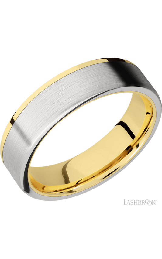 6 mm wide/Flat/14K Yellow Gold band with one 5 mm Off Center Edge inlay of Cobalt Chrome.