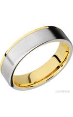 6 mm wide/Flat/14K Yellow Gold band with one 5 mm Off Center Edge inlay of Cobalt Chrome.
