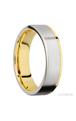 6 mm wide/Flat/14K Yellow Gold band with one 5 mm Off Center Edge inlay of Cobalt Chrome.