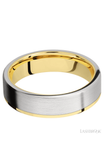 6 mm wide/Flat/14K Yellow Gold band with one 5 mm Off Center Edge inlay of Cobalt Chrome.