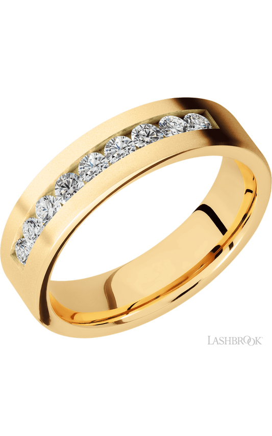 6 mm wide/Flat/14K Yellow Gold band with an  arrangement of 9, .07 carat Round Diamond stones in a Channel setting.