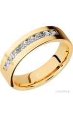 6 mm wide/Flat/14K Yellow Gold band with an  arrangement of 9, .07 carat Round Diamond stones in a Channel setting.