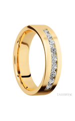 6 mm wide/Flat/14K Yellow Gold band with an  arrangement of 9, .07 carat Round Diamond stones in a Channel setting.