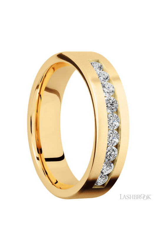 6 mm wide/Flat/14K Yellow Gold band with an  arrangement of 9, .07 carat Round Diamond stones in a Channel setting.