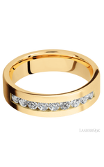 6 mm wide/Flat/14K Yellow Gold band with an  arrangement of 9, .07 carat Round Diamond stones in a Channel setting.