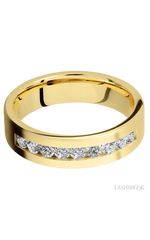 6 mm wide/Flat/14K Yellow Gold band with an  arrangement of 9, .07 carat Round Diamond stones in a Channel setting.