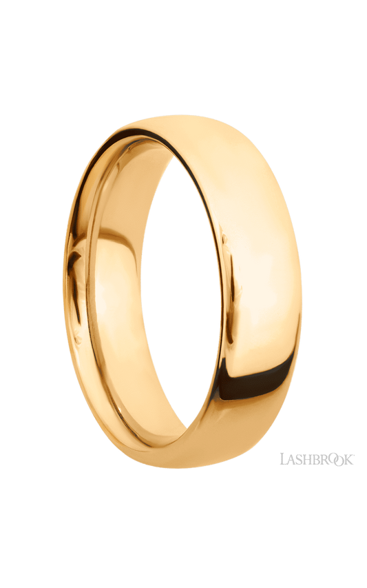 6 mm wide Ultra Comfort (our most comfortable profile) 14K Yellow Gold band.