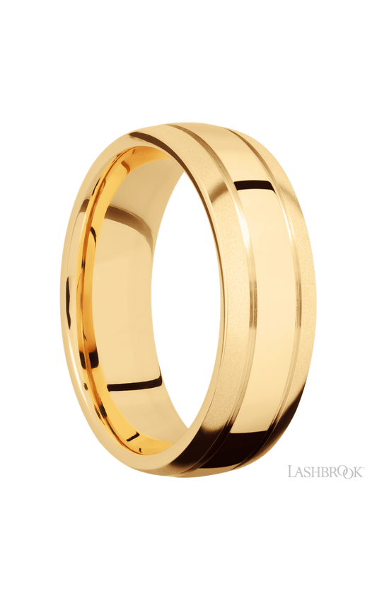 7 mm wide Domed with two accent grooves 14K Yellow Gold band.