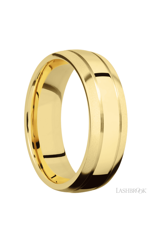 7 mm wide Domed with two accent grooves 14K Yellow Gold band.
