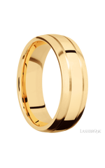 7 mm wide Domed with two accent grooves 14K Yellow Gold band.