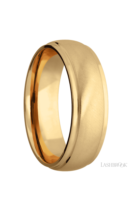 7 mm wide Domed Stepped Down Edges 14K Yellow Gold band.
