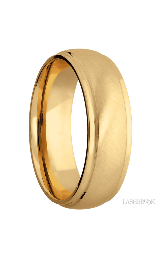 7 mm wide Domed Stepped Down Edges 14K Yellow Gold band.