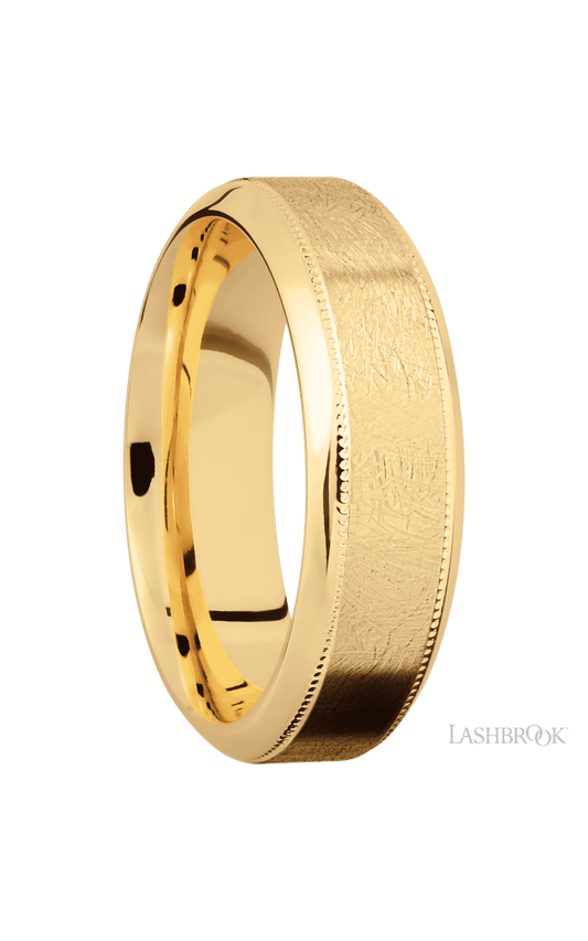 7 mm wide High Bevel Milgrain 14K Yellow Gold band.