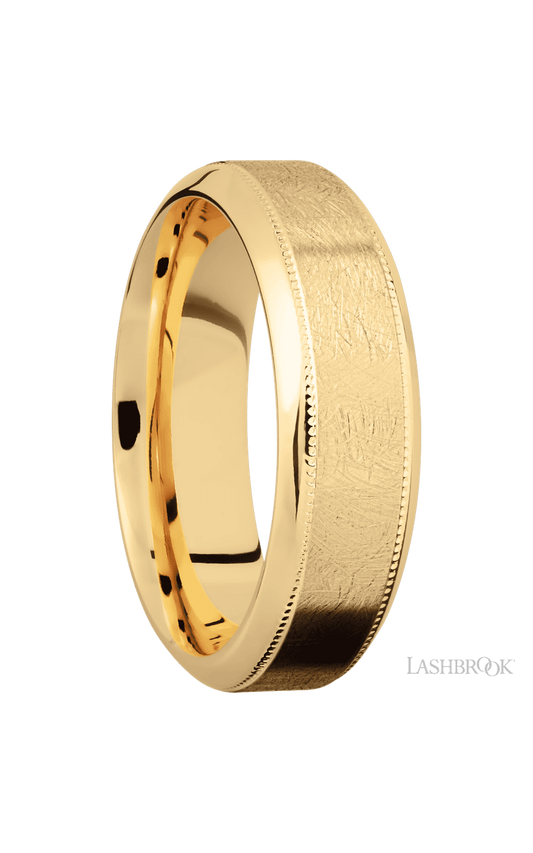 7 mm wide High Bevel Milgrain 14K Yellow Gold band.