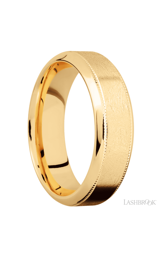 7 mm wide High Bevel Milgrain 14K Yellow Gold band.