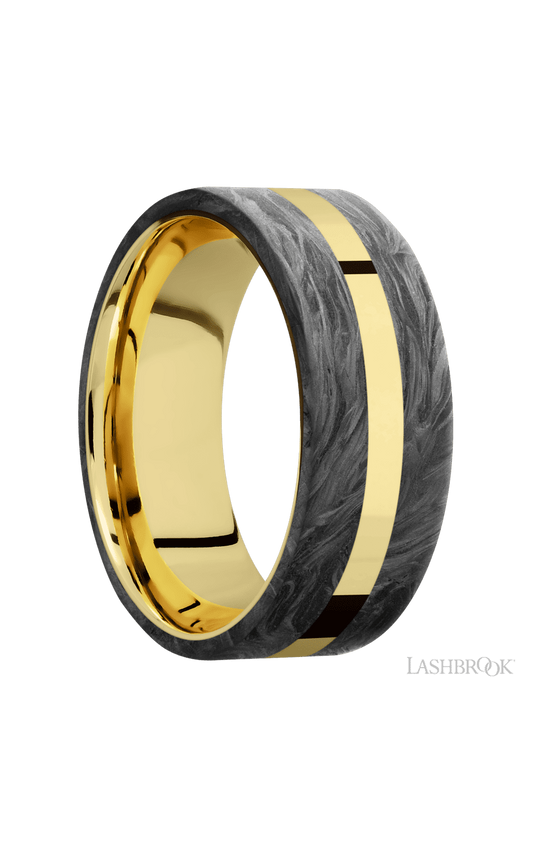 8 mm wide/Flat/14K Yellow Gold band with two 3 mm Double Off Center Edge inlays of Forged Carbon Fiber.