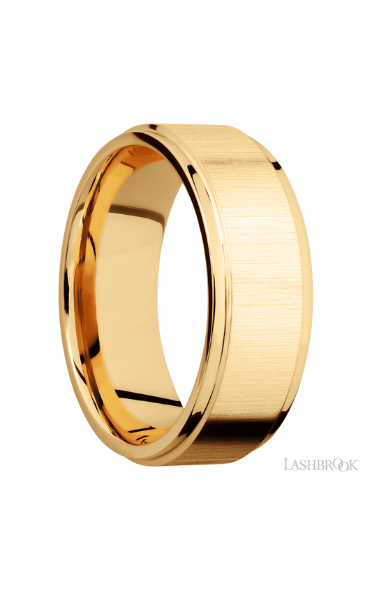 8 mm wide Flat Grooved Edges 14K Yellow Gold band.