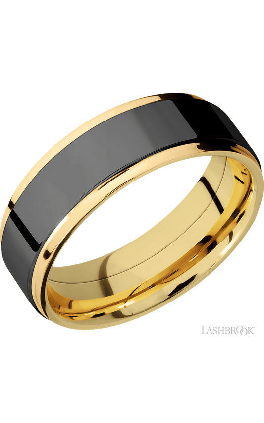 7 mm wide/Flat Grooved Edges/14K Yellow Gold band with one 5 mm Raised Centered inlay of Zirconium.