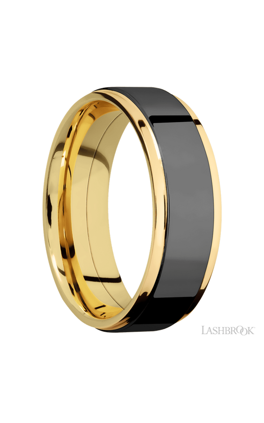 7 mm wide/Flat Grooved Edges/14K Yellow Gold band with one 5 mm Raised Centered inlay of Zirconium.