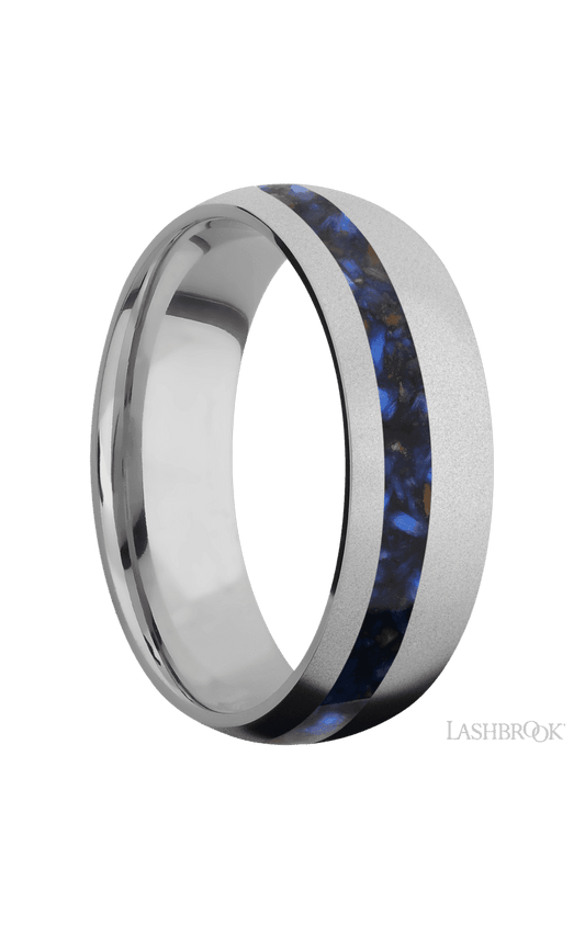7 mm wide/Domed/Titanium band with one 2 mm Off Center inlay of Blue Tiger Eye.