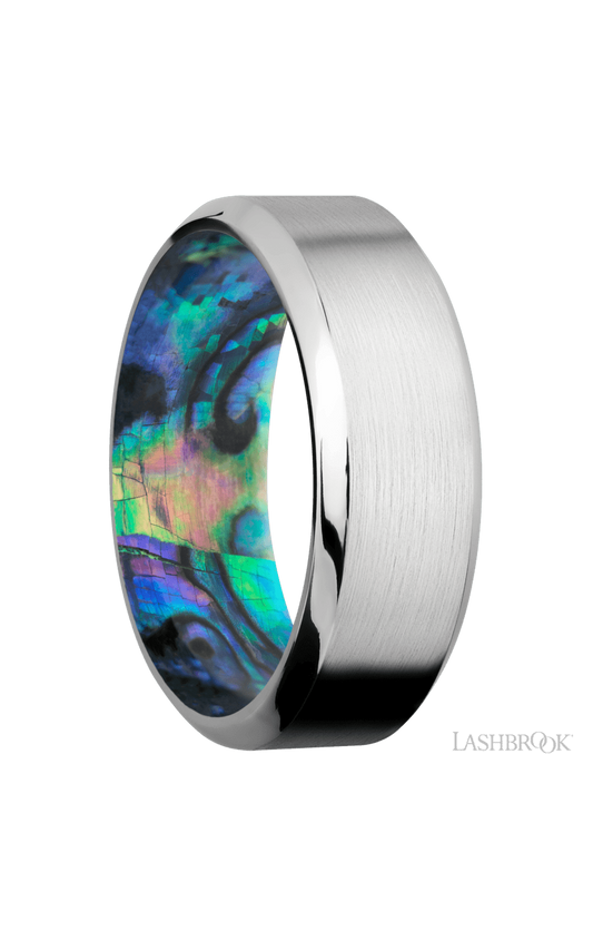 8 mm wide High Bevel Cobalt Chrome band featuring a Abalone sleeve.
