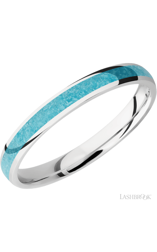 3 mm wide/Domed/Cobalt Chrome band with one 2 mm Centered inlay of Turquoise.